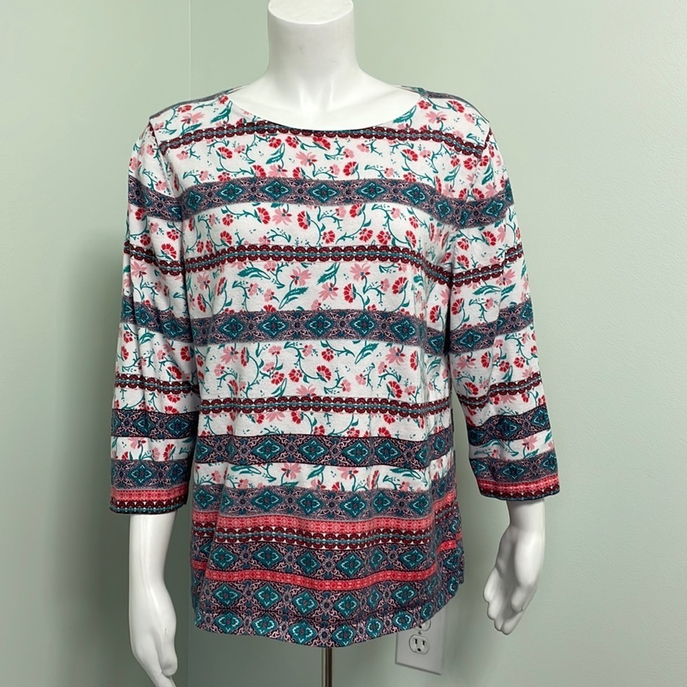 Talbots Striped Floral Crewneck Knit Sweater